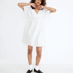 Linen-Blend V-Neck Dolman-Sleeve Mini Dress in Stripe